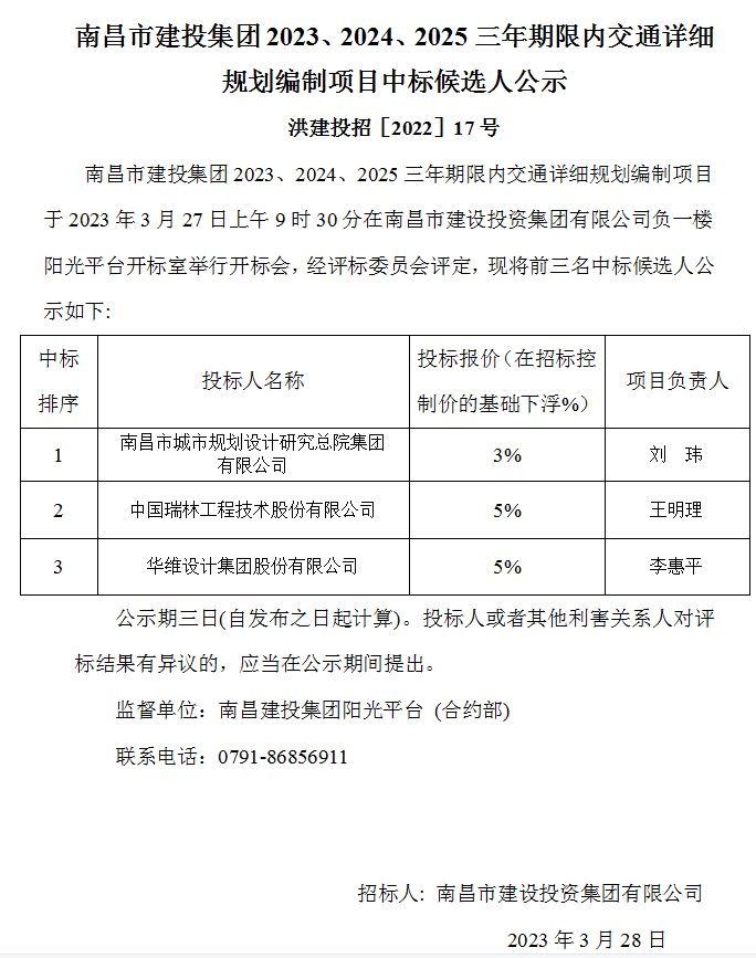 南昌市庄闲游戏集团2023、2024、2025三年限期内交通详细妄想体例项目中标候选人公示_庄闲游戏