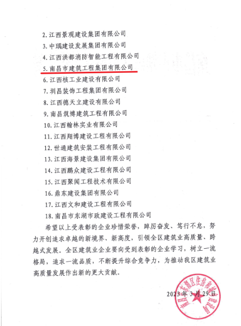南昌市修建工程集团有限公司获评2022年度南昌市东湖区修建业质量信得过企业_庄闲游戏
