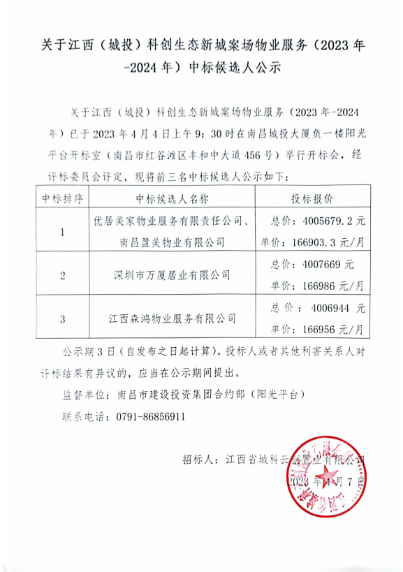 江西（城投）科创生态新城案场物业效劳（2023年-2024年）中标候选人公示挂网_庄闲游戏