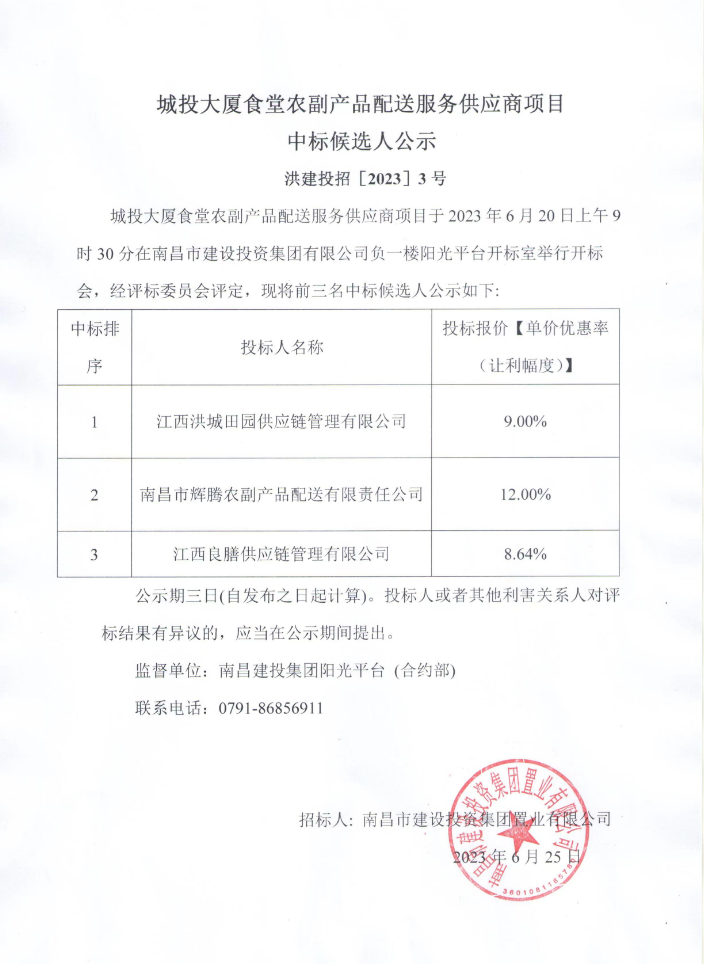 城投大厦食堂农副产品配送效劳供应商项目中标候选人公示_庄闲游戏